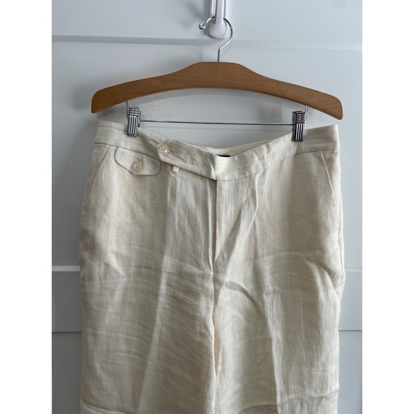 Lauren Ralph Lauren Cream Linen Herringbone Wide Leg Trousers Pants Ivory Sz 12 - Picture 2 of 8